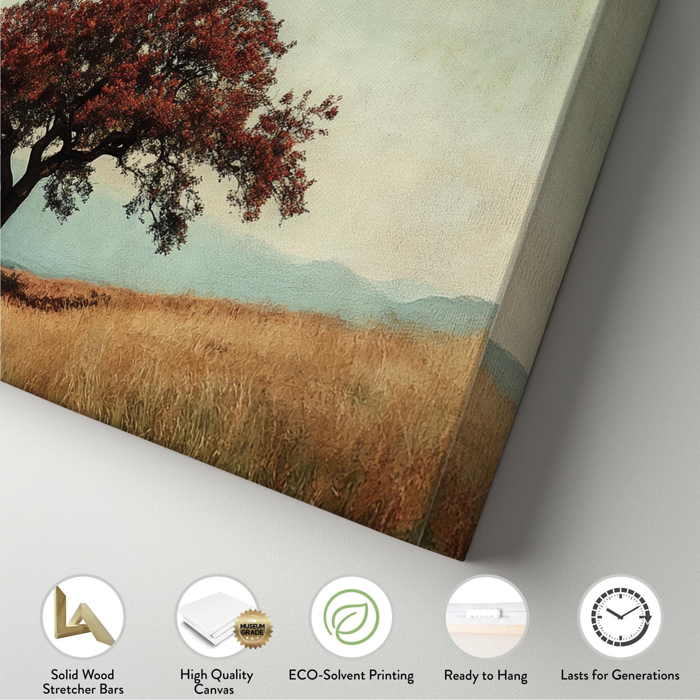 Solitary Oak Canvas Art | Textured Impressionism Print | Tranquil Farmhouse Wall Art For Above Couch Panoramic Wall Art