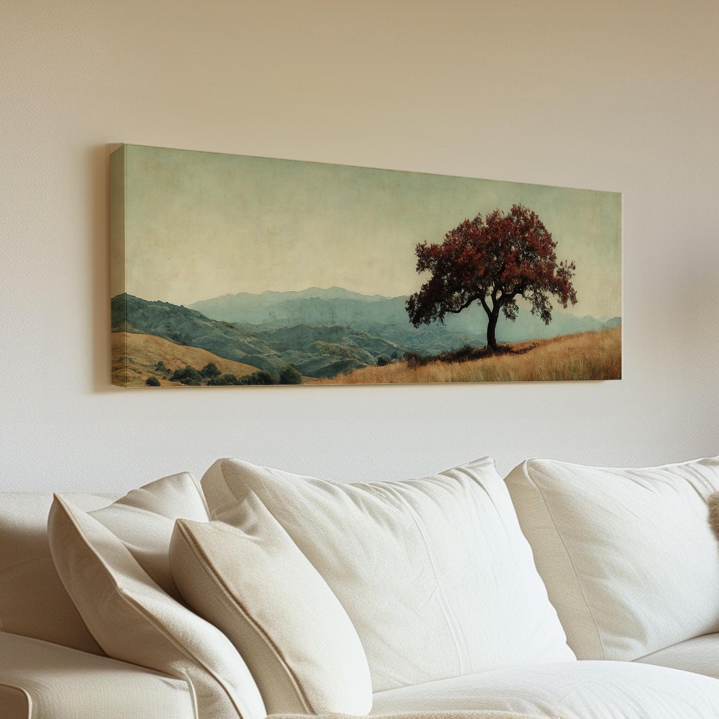 Solitary Oak Canvas Art | Textured Impressionism Print | Tranquil Farmhouse Wall Art For Above Couch Panoramic Wall Art