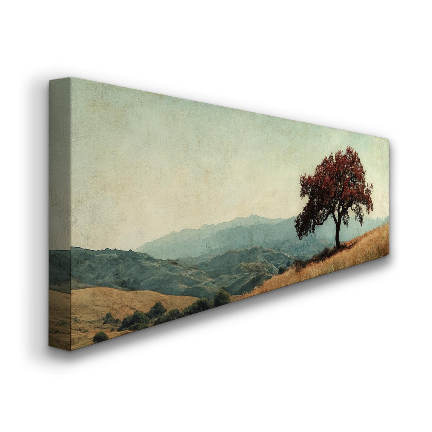 Solitary Oak Canvas Art | Textured Impressionism Print | Tranquil Farmhouse Wall Art For Above Couch Panoramic Wall Art