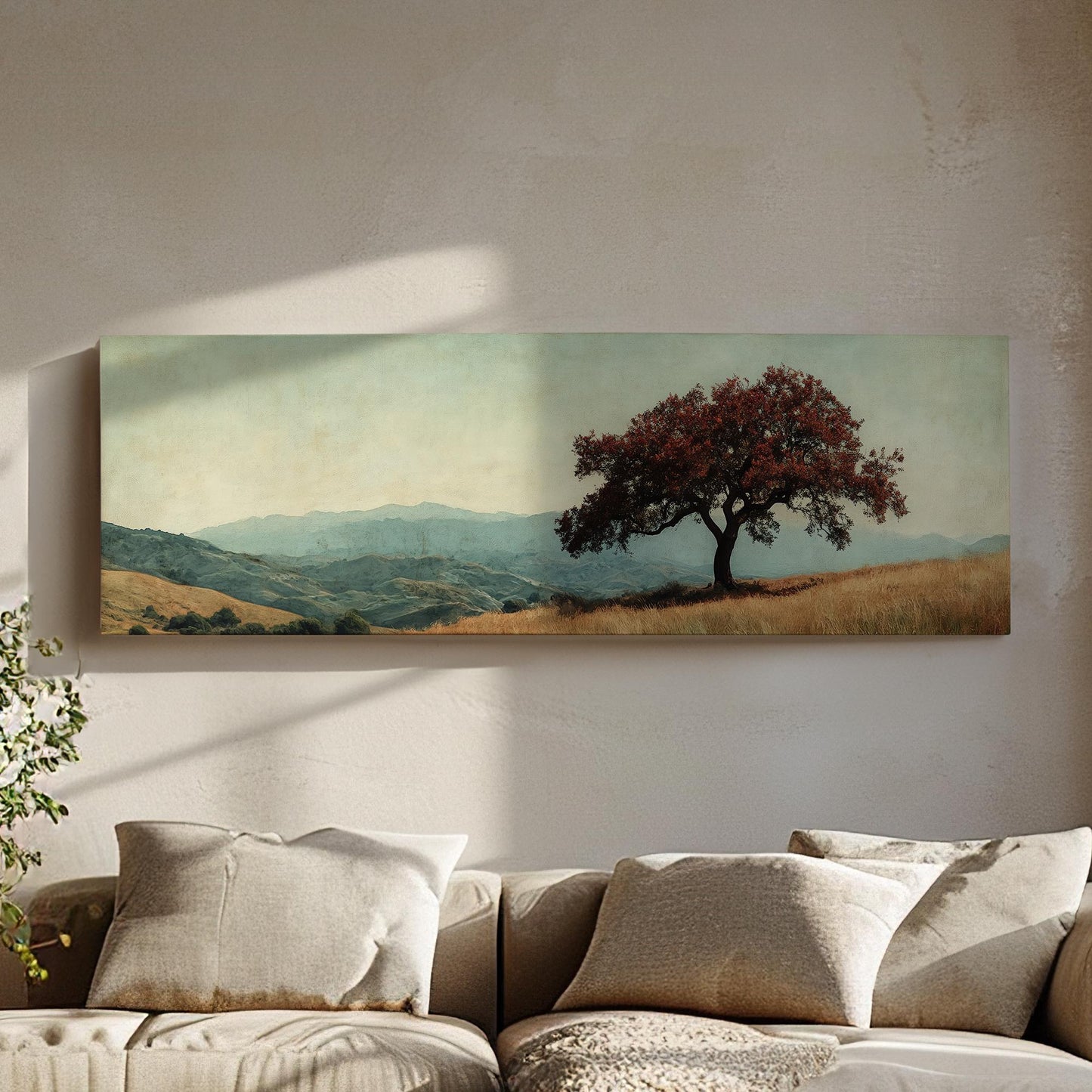 Solitary Oak Canvas Art | Textured Impressionism Print | Tranquil Farmhouse Wall Art For Above Couch Panoramic Wall Art