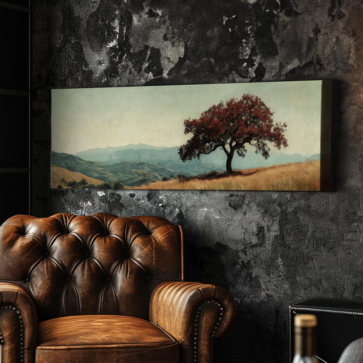 Solitary Oak Canvas Art | Textured Impressionism Print | Tranquil Farmhouse Wall Art For Above Couch Panoramic Wall Art