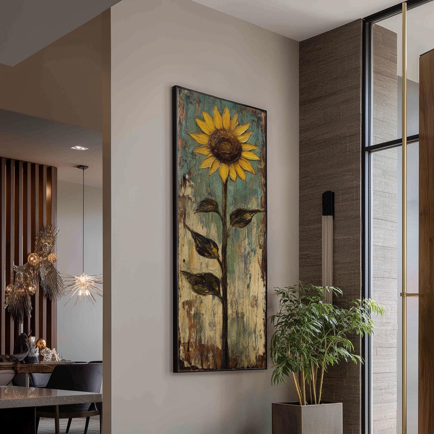 Solemn Sunflower Canvas Art | Impasto Oil Print | Bohemian Wall Art For Living Room | Sagebrush Green Art Long Vertical Art