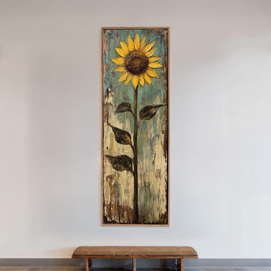Solemn Sunflower Canvas Art | Impasto Oil Print | Bohemian Wall Art For Living Room | Sagebrush Green Art Long Vertical Art