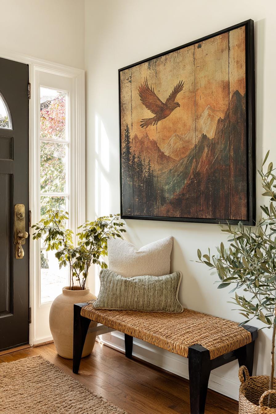 Soaring Eagle Canvas Art | Mountainous Textured Print | Bohemian Wall Art For Living Room | Burnt Sienna Art Square Canvas Art