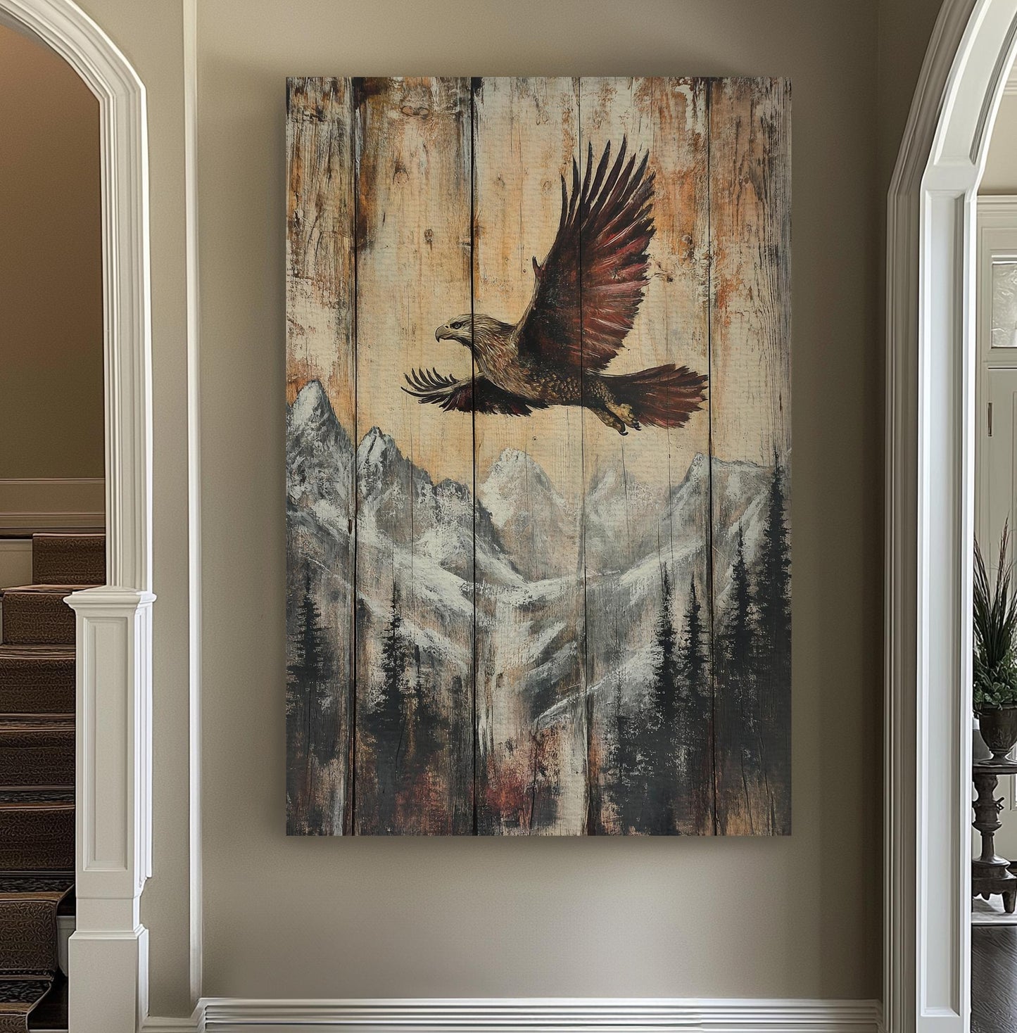 Soaring Eagle Canvas Art | Impasto Print | Mountain Modern Wall Art For Living Room | Warm Taupe Charcoal Art Vertical Canvas