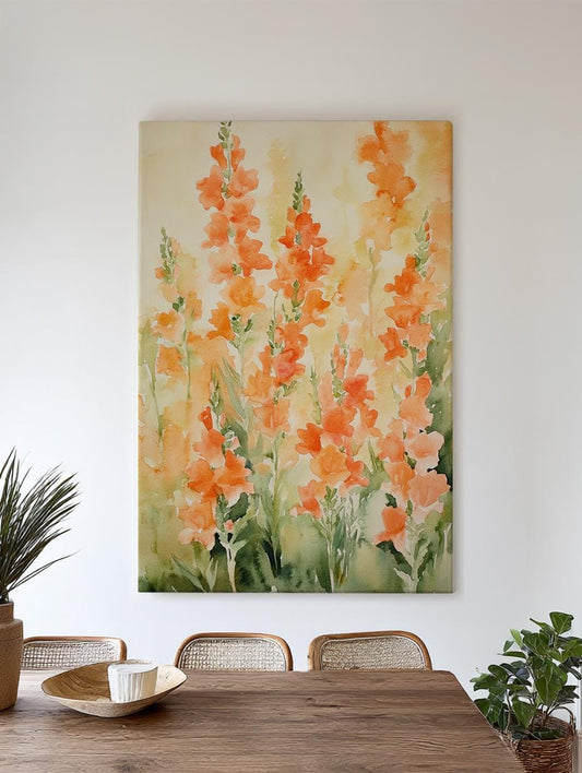 Snapdragon Bloom Canvas Art | Loose Watercolor Print | Bohemian Wall Art For Living Room | Apricot Blush Art Vertical Canvas