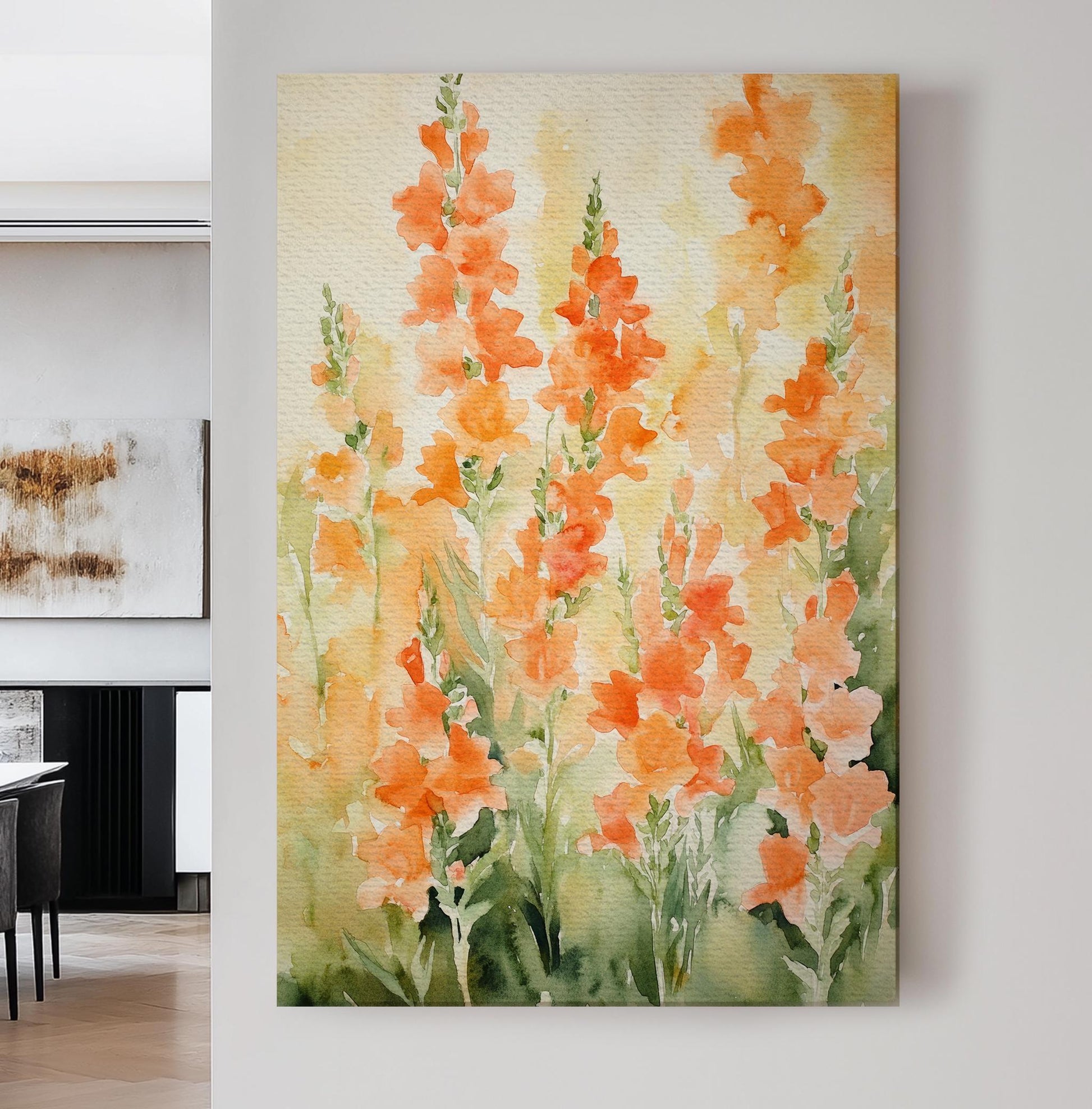 Snapdragon Bloom Canvas Art | Loose Watercolor Print | Bohemian Wall Art For Living Room | Apricot Blush Art Vertical Canvas