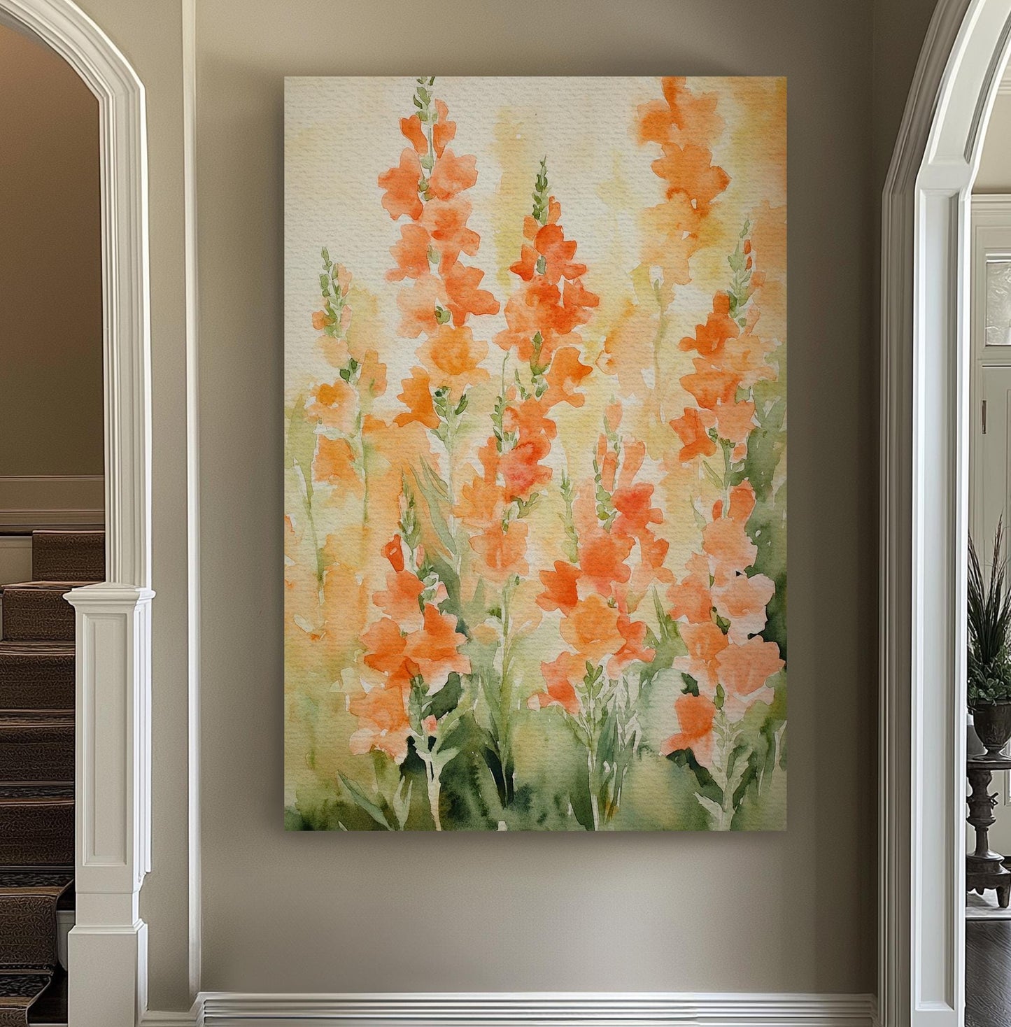 Snapdragon Bloom Canvas Art | Loose Watercolor Print | Bohemian Wall Art For Living Room | Apricot Blush Art Vertical Canvas