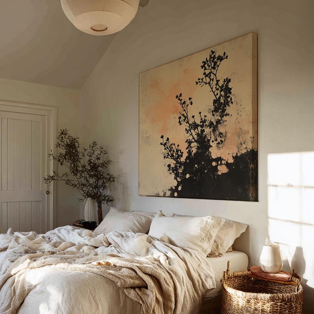 Silhouette Botanical Canvas Art | Monochromatic Print | Japandi Wall Art For Living Room | Blush Pink Art Square Canvas Art