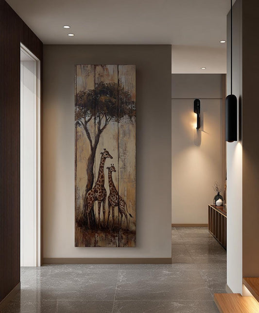 Serengeti Giraffe Canvas Art | Impasto Triptych Print | Bohemian Wall Art For Living Room | Sandstone Espresso Art Long Vertical Art