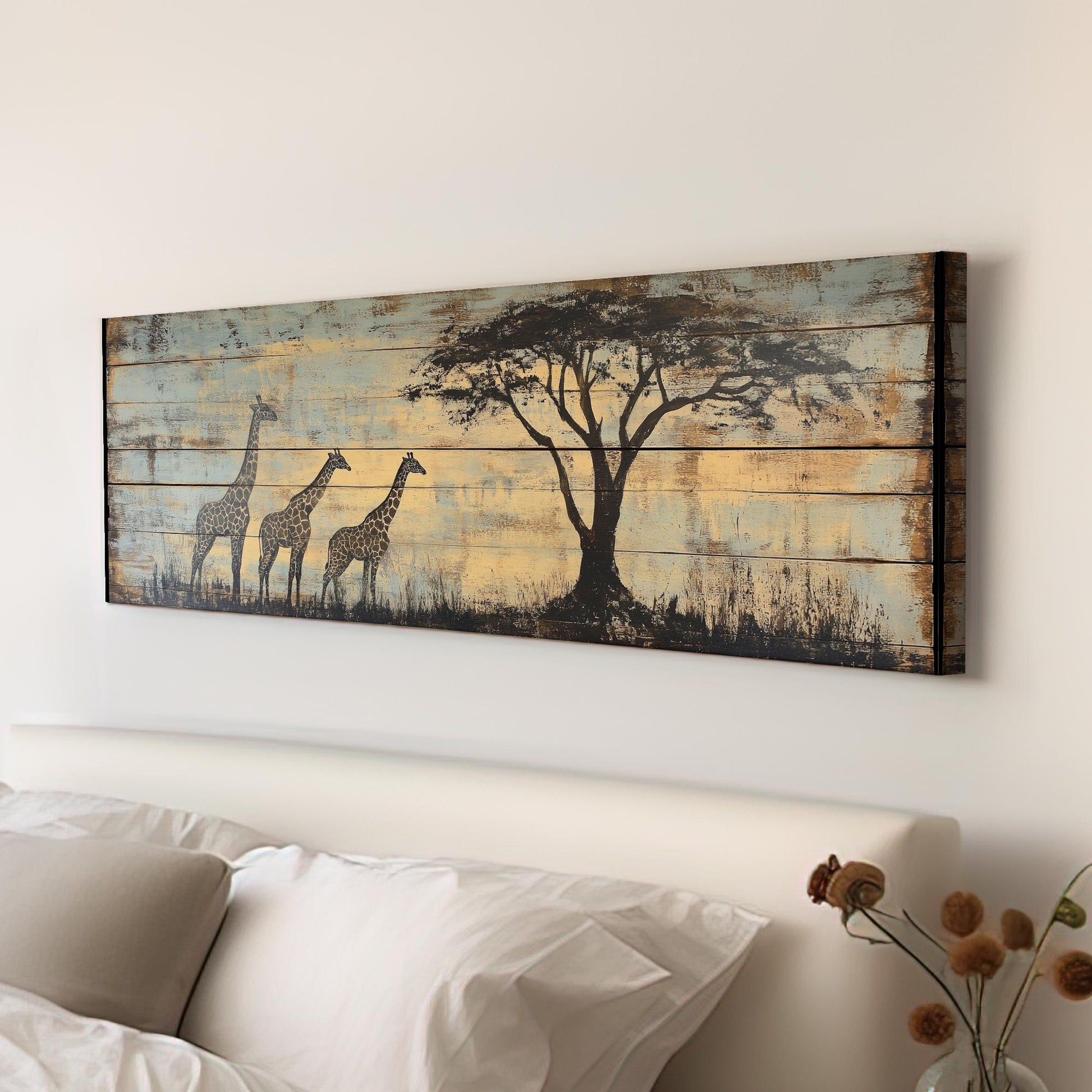 Serengeti Giraffe Canvas Art | Distressed Woodblock Print | Bohemian Wall Art For Living Room | Sandstone Sky Blue Art Panoramic Wall Art