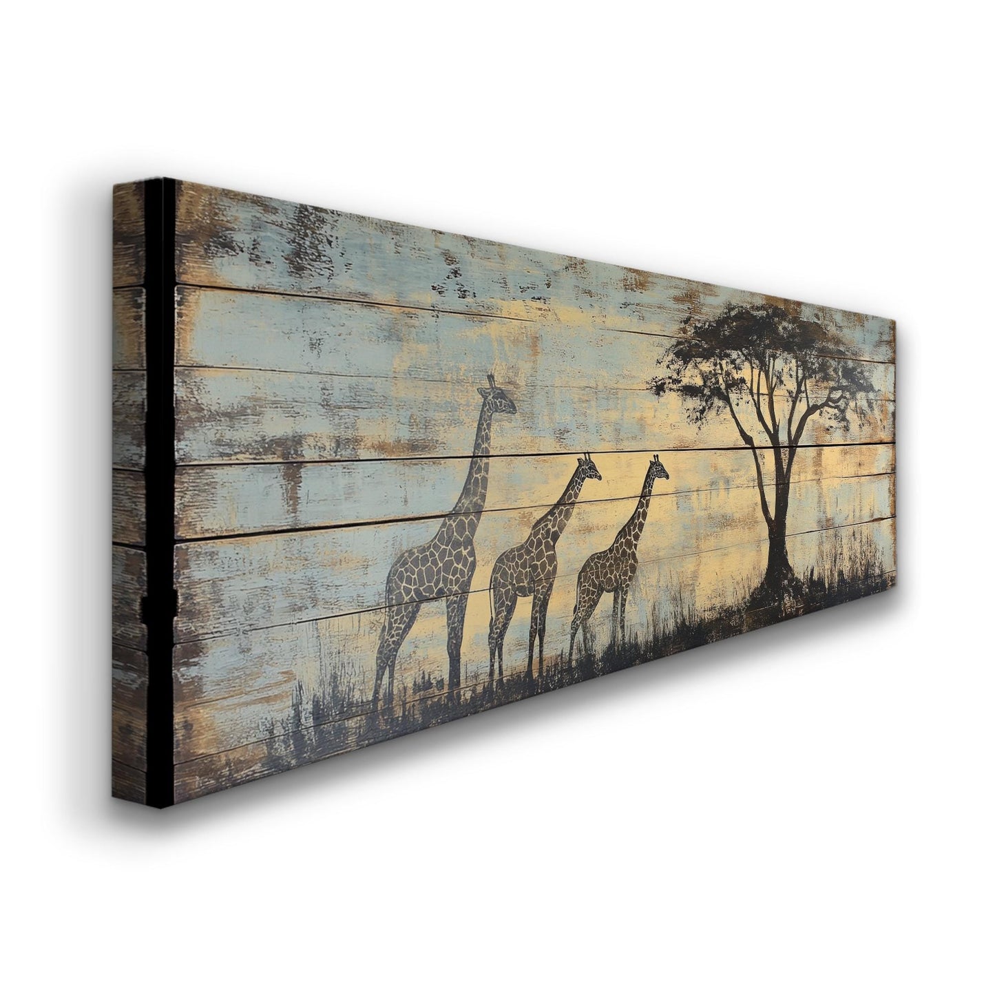Serengeti Giraffe Canvas Art | Distressed Woodblock Print | Bohemian Wall Art For Living Room | Sandstone Sky Blue Art Panoramic Wall Art