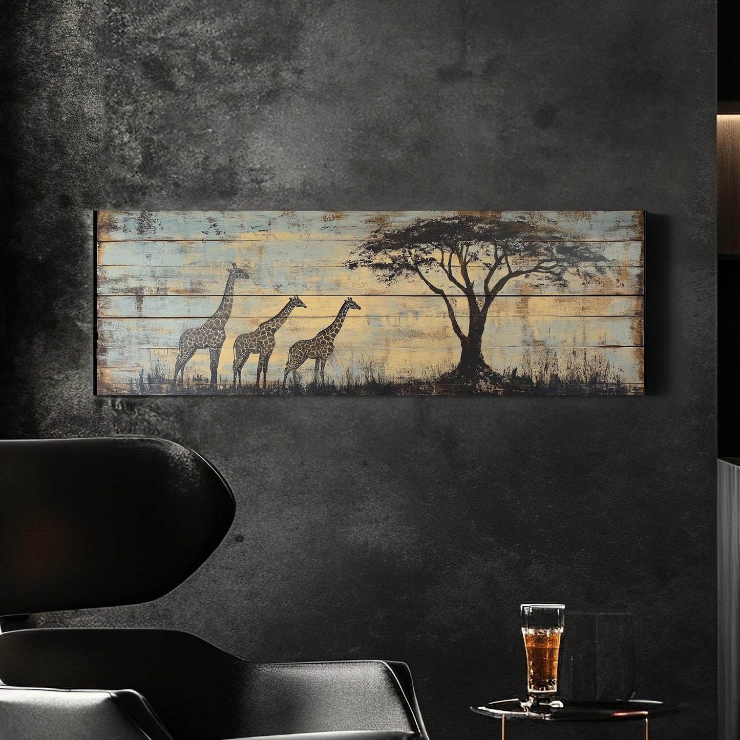 Serengeti Giraffe Canvas Art | Distressed Woodblock Print | Bohemian Wall Art For Living Room | Sandstone Sky Blue Art Panoramic Wall Art