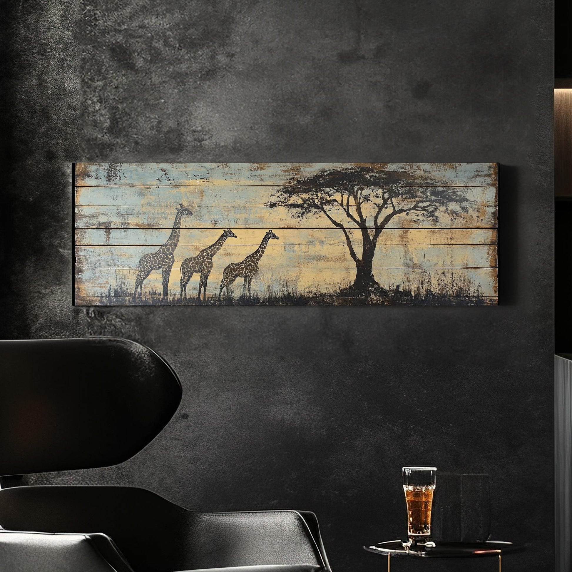 Serengeti Giraffe Canvas Art | Distressed Woodblock Print | Bohemian Wall Art For Living Room | Sandstone Sky Blue Art Panoramic Wall Art