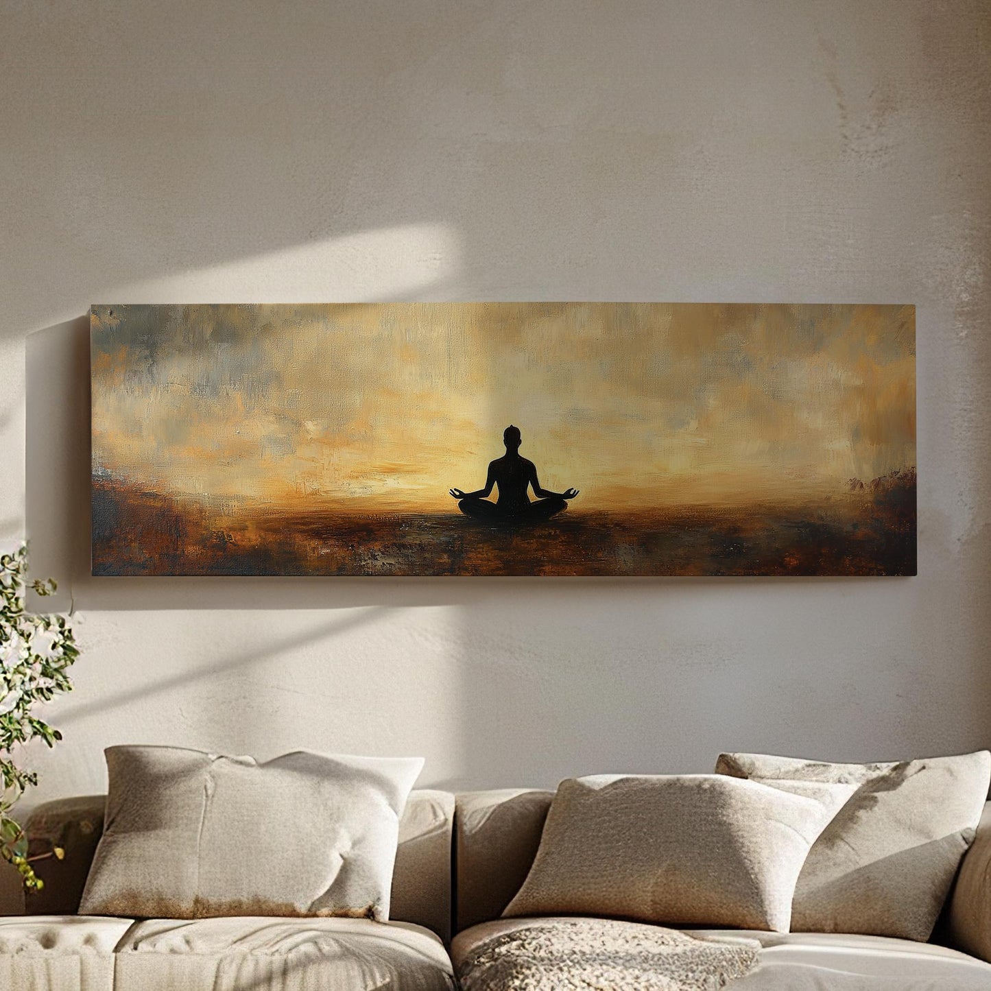 Serene Yogi Canvas Art | Impasto Painting Print | Zen Minimalist Wall Art For Living Room | Burnt Sienna Golden Hour Art Panoramic Wall Art
