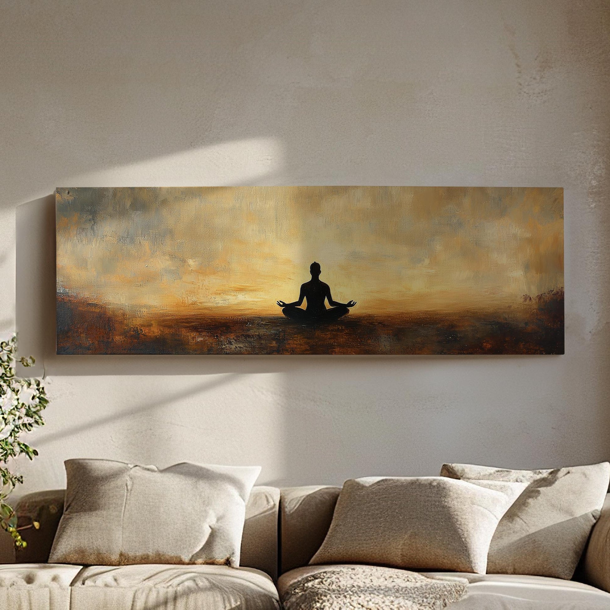 Serene Yogi Canvas Art | Impasto Painting Print | Zen Minimalist Wall Art For Living Room | Burnt Sienna Golden Hour Art Panoramic Wall Art