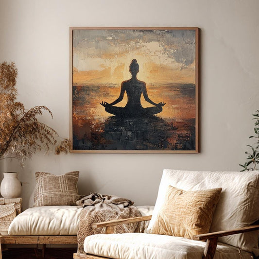 Serene Yoga Silhouette Canvas Art | Impasto Painting Print | Zen Minimalist Wall Art For Living Room Square Canvas Art