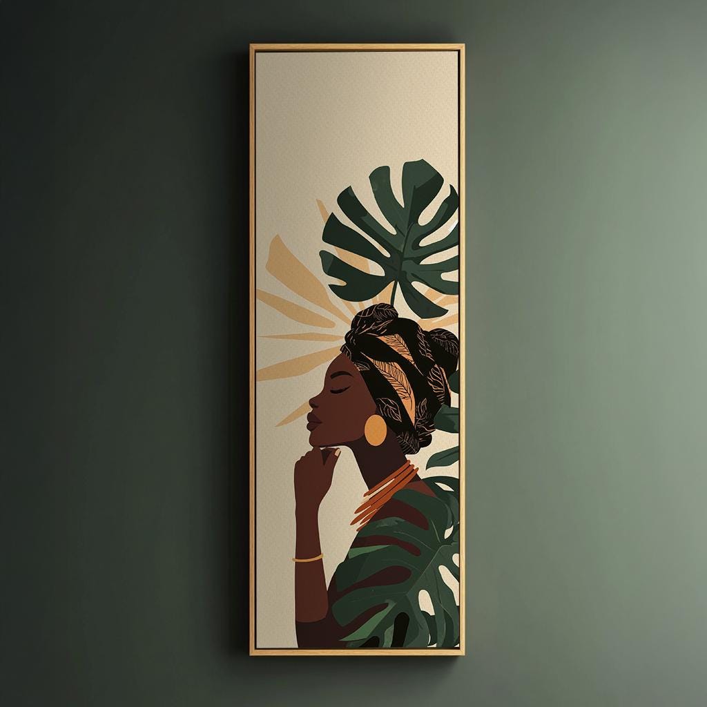 Serene Woman Canvas Art | Abstract Minimalist Print | Bohemian Wall Art For Living Room | Sand Dune Forest Green Art Long Vertical Art