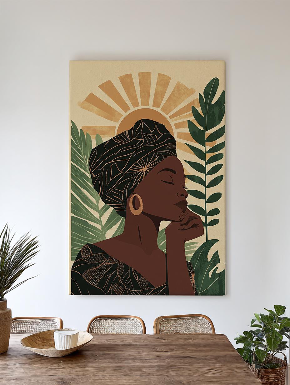 Serene Woman Canvas Art | Abstract Line Art Print | Bohemian Wall Art For Living Room | Warm Sand Olive Art Vertical Canvas