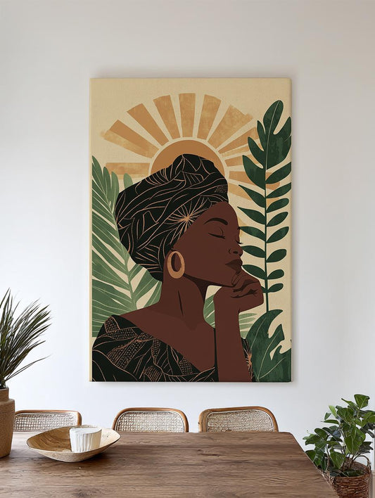 Serene Woman Canvas Art | Abstract Line Art Print | Bohemian Wall Art For Living Room | Warm Sand Olive Art Vertical Canvas