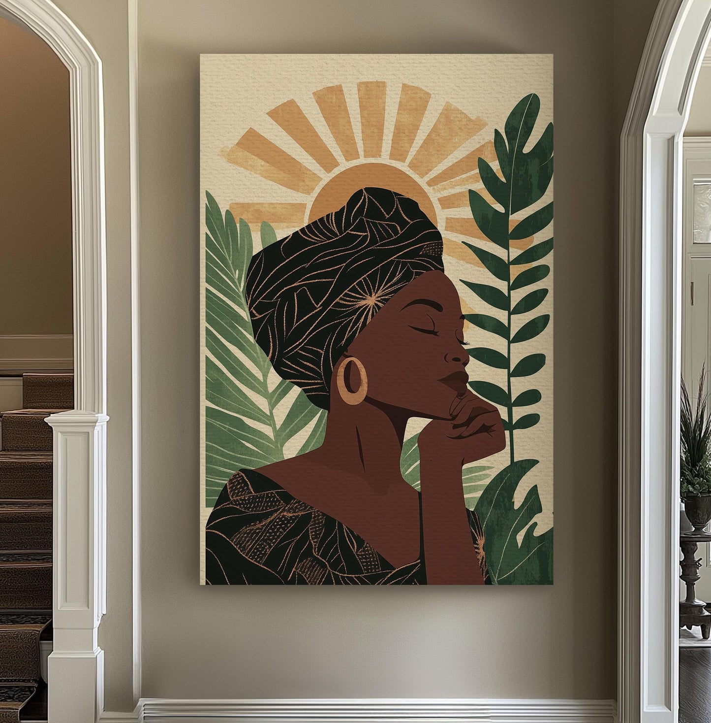 Serene Woman Canvas Art | Abstract Line Art Print | Bohemian Wall Art For Living Room | Warm Sand Olive Art Vertical Canvas