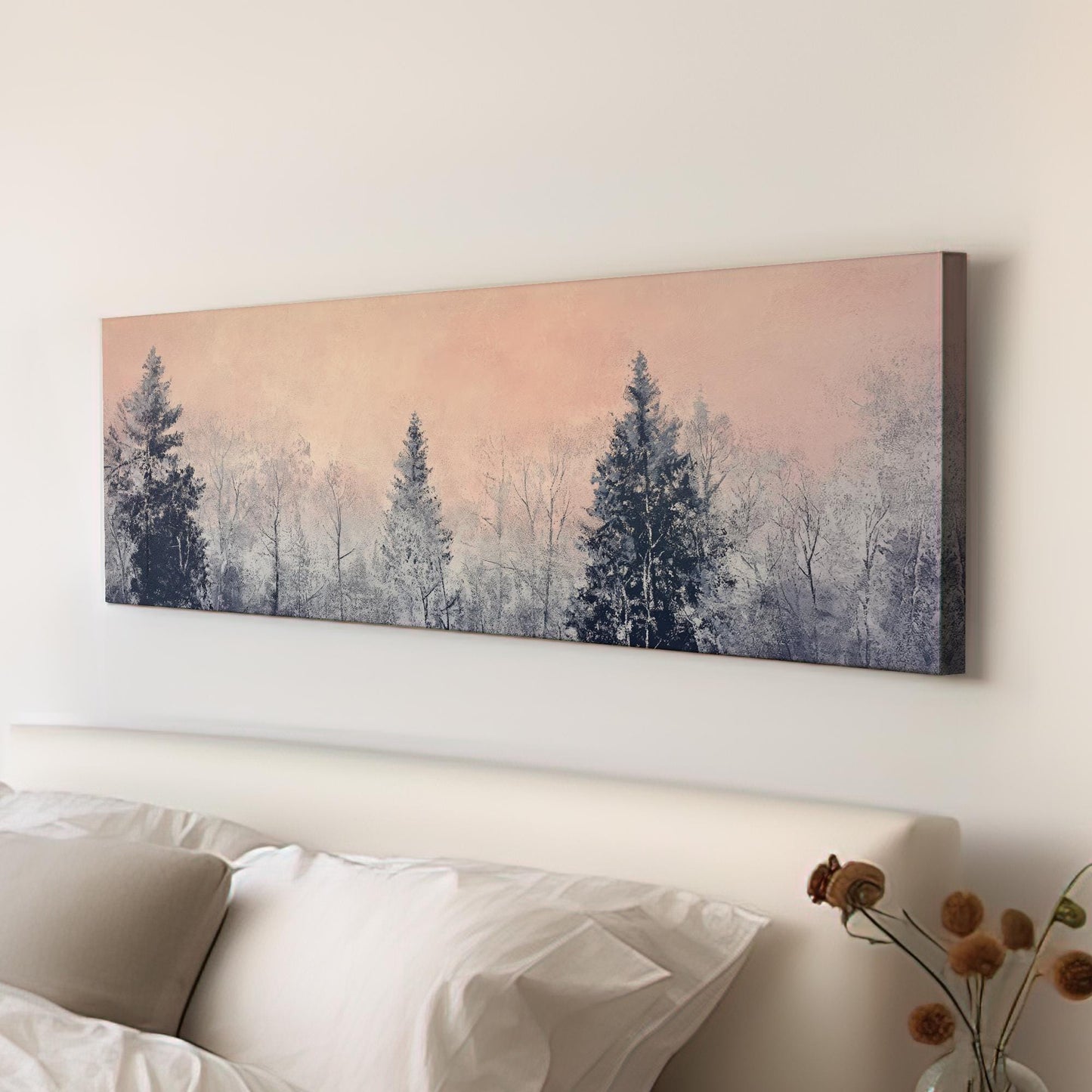 Serene Winter Forest Canvas Art | Impasto Print | Minimalist Wall Art For Living Room | Blush Pink Art Panoramic Wall Art