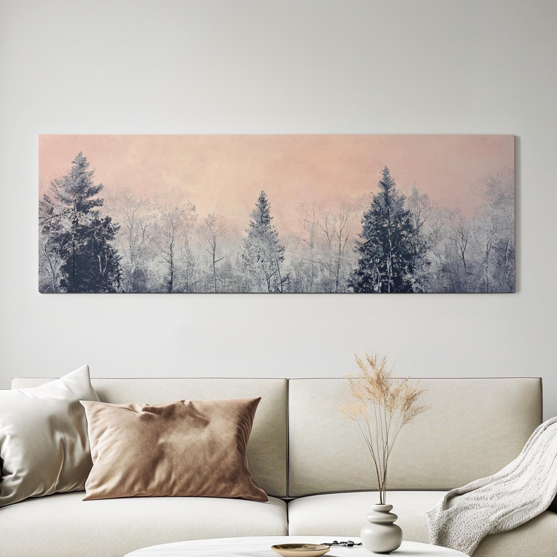 Serene Winter Forest Canvas Art | Impasto Print | Minimalist Wall Art For Living Room | Blush Pink Art Panoramic Wall Art
