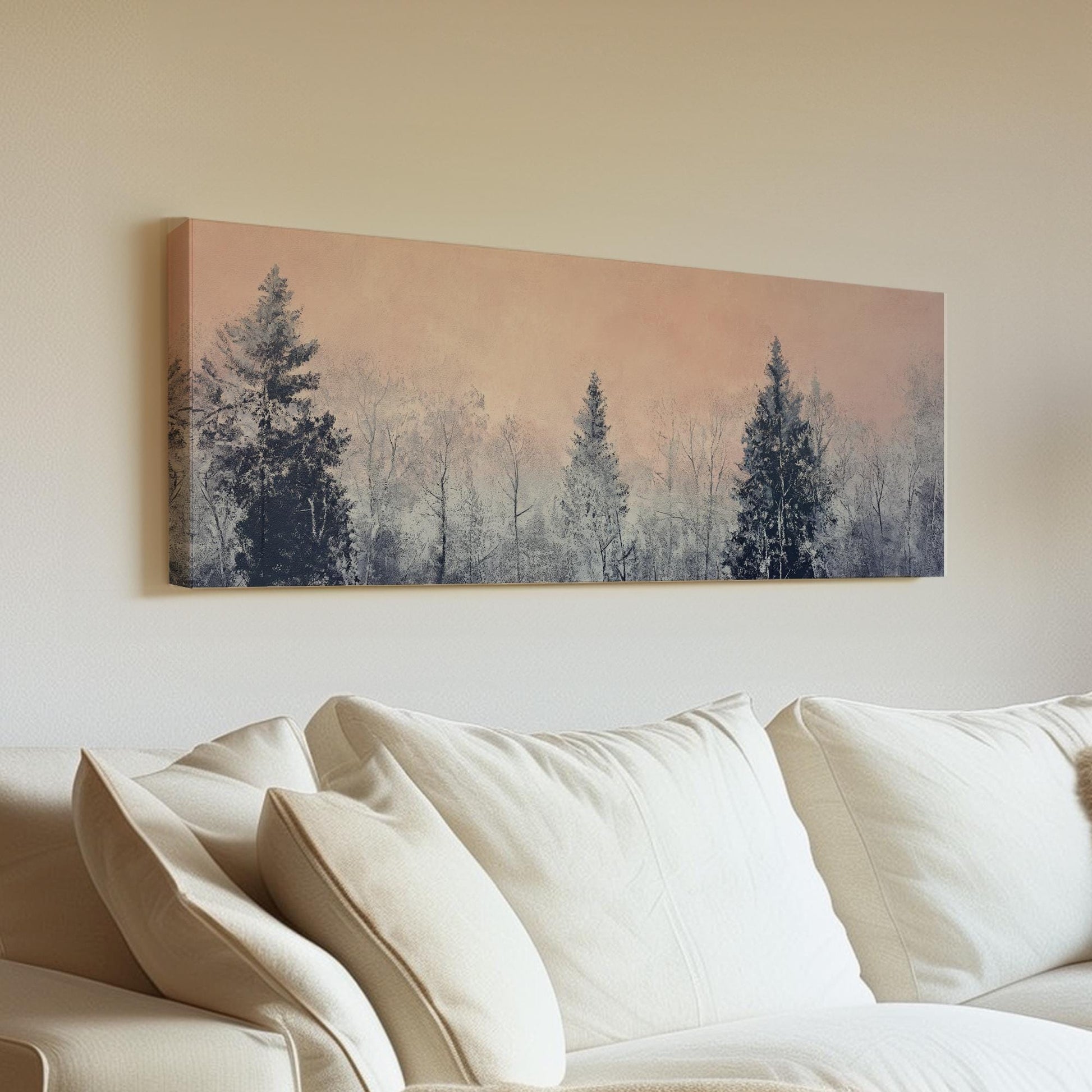 Serene Winter Forest Canvas Art | Impasto Print | Minimalist Wall Art For Living Room | Blush Pink Art Panoramic Wall Art