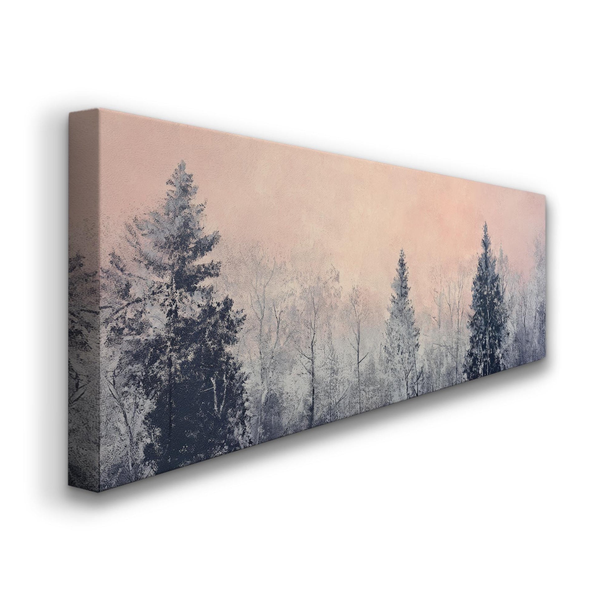 Serene Winter Forest Canvas Art | Impasto Print | Minimalist Wall Art For Living Room | Blush Pink Art Panoramic Wall Art