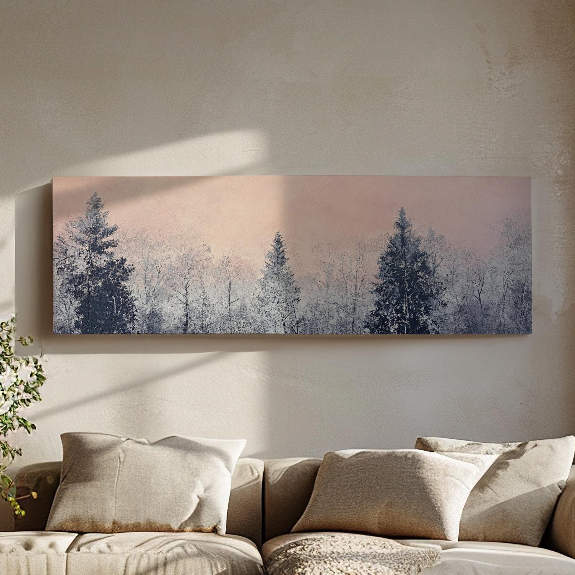 Serene Winter Forest Canvas Art | Impasto Print | Minimalist Wall Art For Living Room | Blush Pink Art Panoramic Wall Art