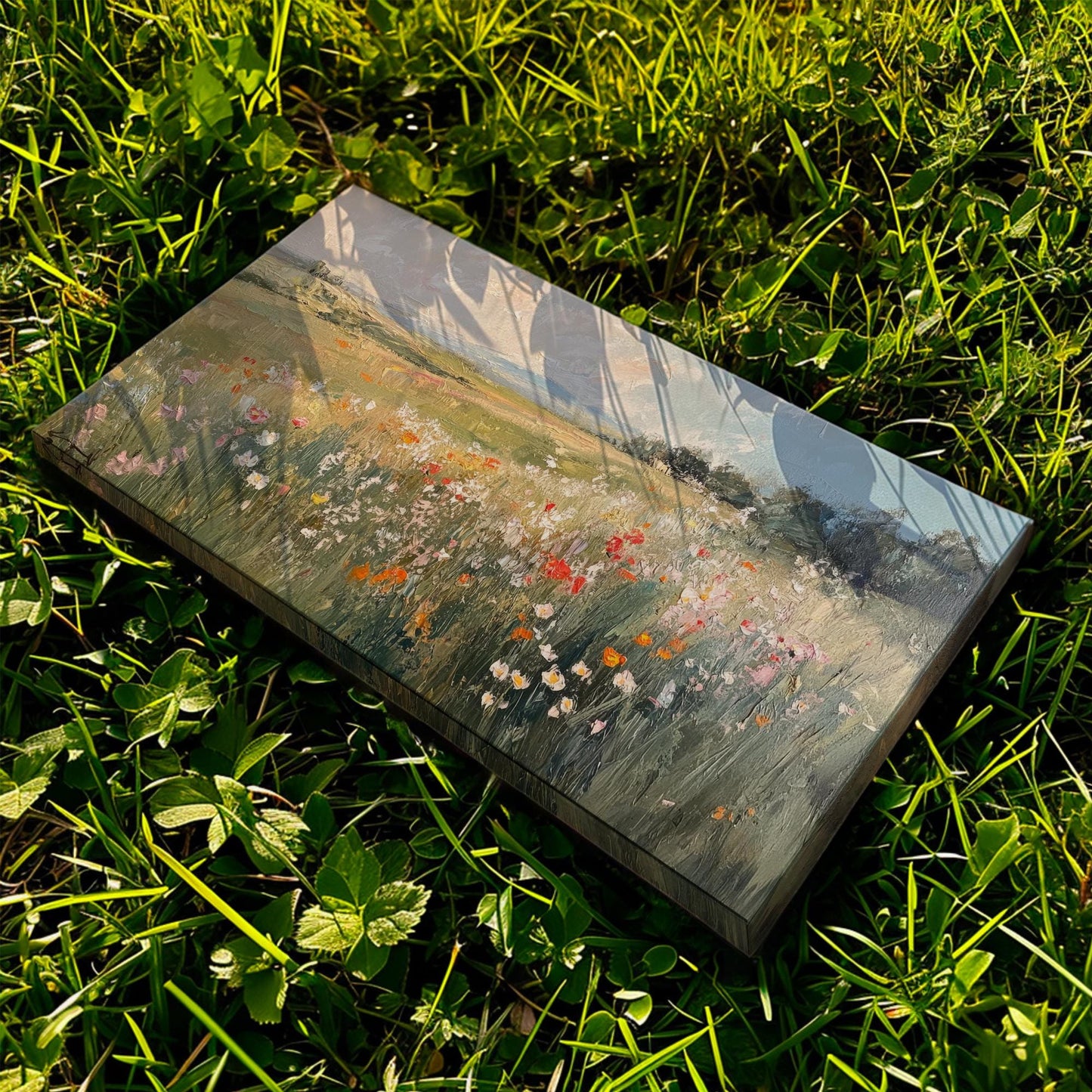 Serene Wildflower Meadow Canvas Art | Impasto Oil Print | Tranquil Farmhouse Wall Art For Living Room | Earthy Blush Art Horizontal Art