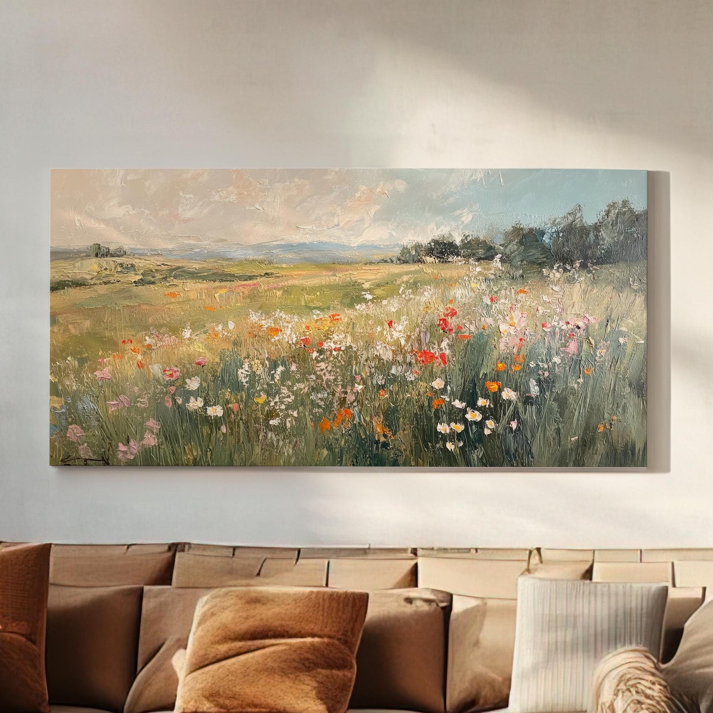 Serene Wildflower Meadow Canvas Art | Impasto Oil Print | Tranquil Farmhouse Wall Art For Living Room | Earthy Blush Art Horizontal Art