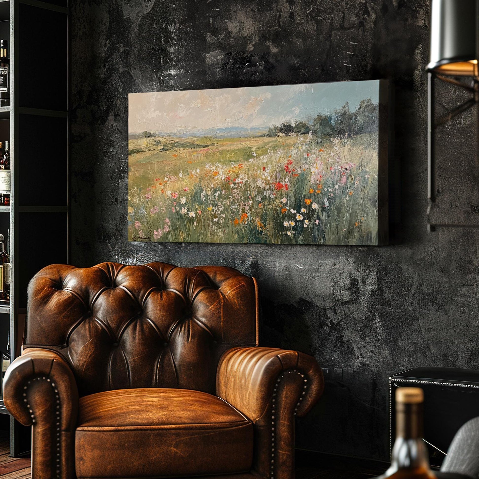 Serene Wildflower Meadow Canvas Art | Impasto Oil Print | Tranquil Farmhouse Wall Art For Living Room | Earthy Blush Art Horizontal Art