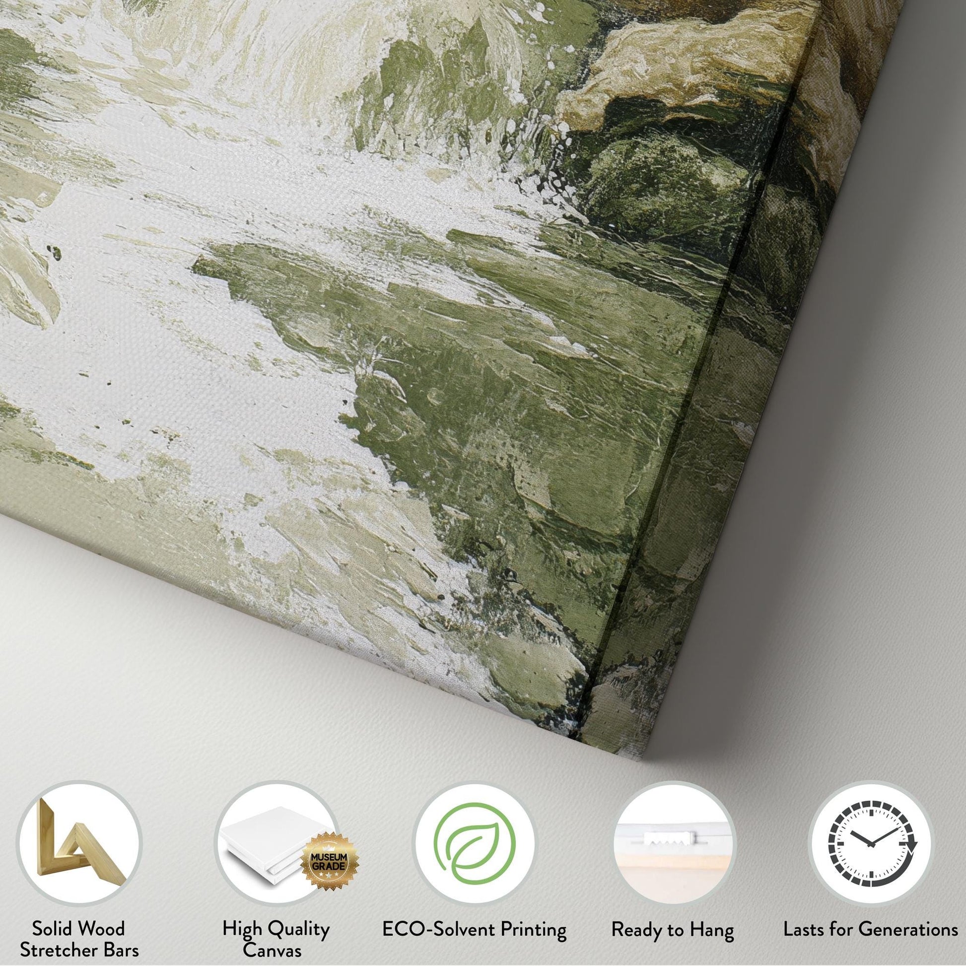 Serene Waterfall Canvas Art | Impasto Print | Tranquil Spa Wall Art For Living Room | Sage Green Art | Zen Decor Long Vertical Art