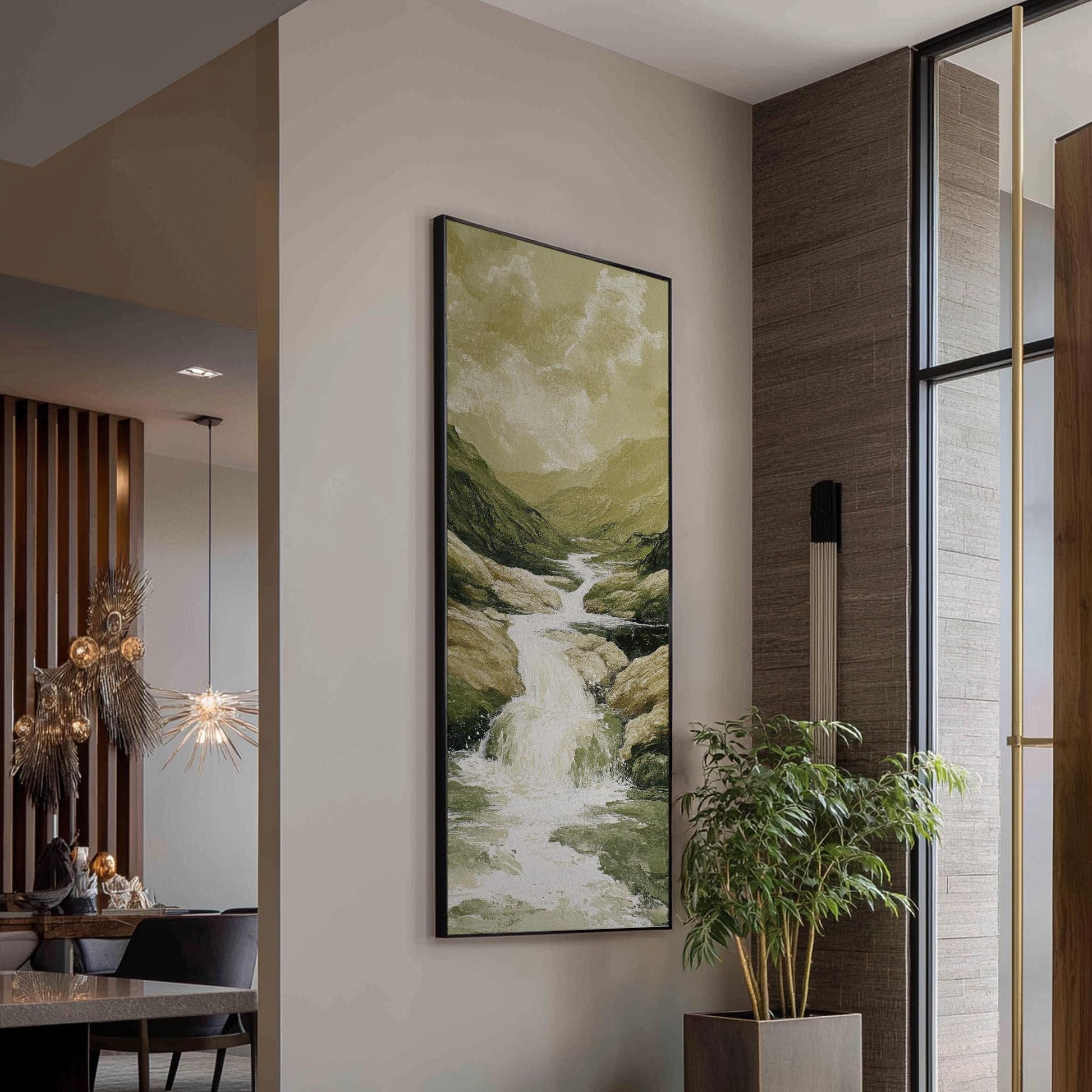 Serene Waterfall Canvas Art | Impasto Print | Tranquil Spa Wall Art For Living Room | Sage Green Art | Zen Decor Long Vertical Art