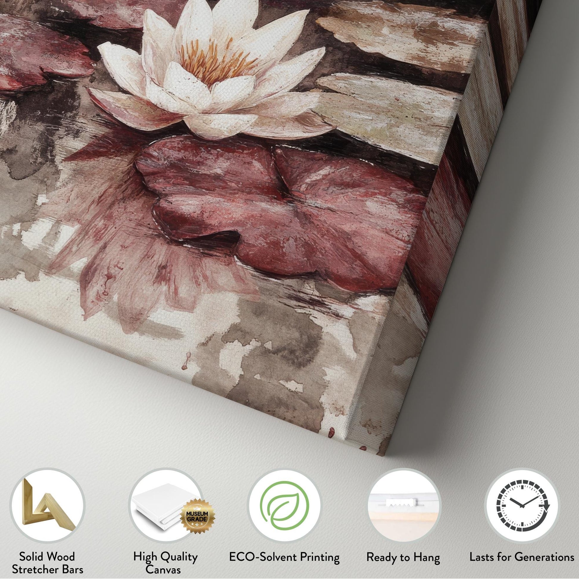 Serene Water Lilies Canvas Art | Impasto Print | Bohemian Wall Art For Living Room | Dusty Rose Redwood Art Horizontal Art