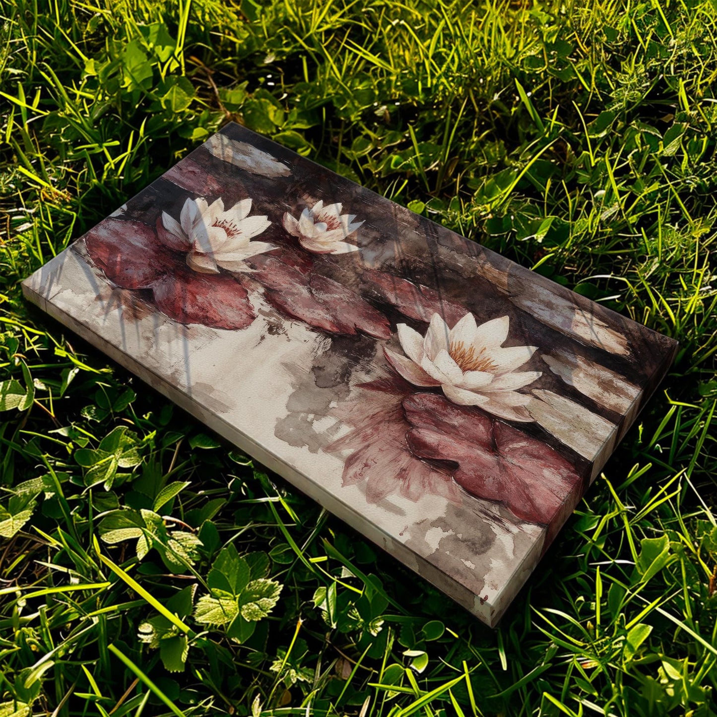 Serene Water Lilies Canvas Art | Impasto Print | Bohemian Wall Art For Living Room | Dusty Rose Redwood Art Horizontal Art