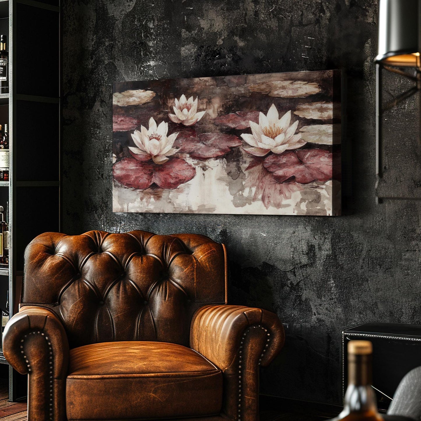 Serene Water Lilies Canvas Art | Impasto Print | Bohemian Wall Art For Living Room | Dusty Rose Redwood Art Horizontal Art