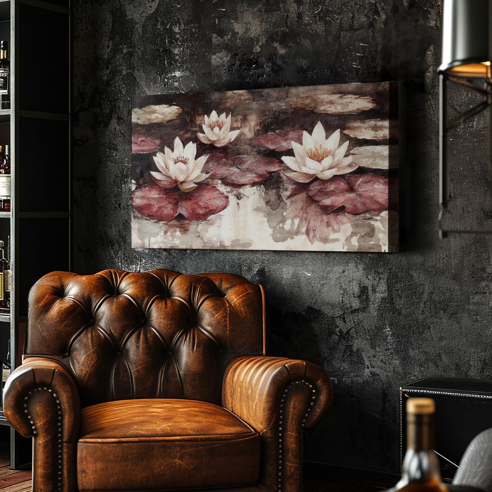 Serene Water Lilies Canvas Art | Impasto Print | Bohemian Wall Art For Living Room | Dusty Rose Redwood Art Horizontal Art