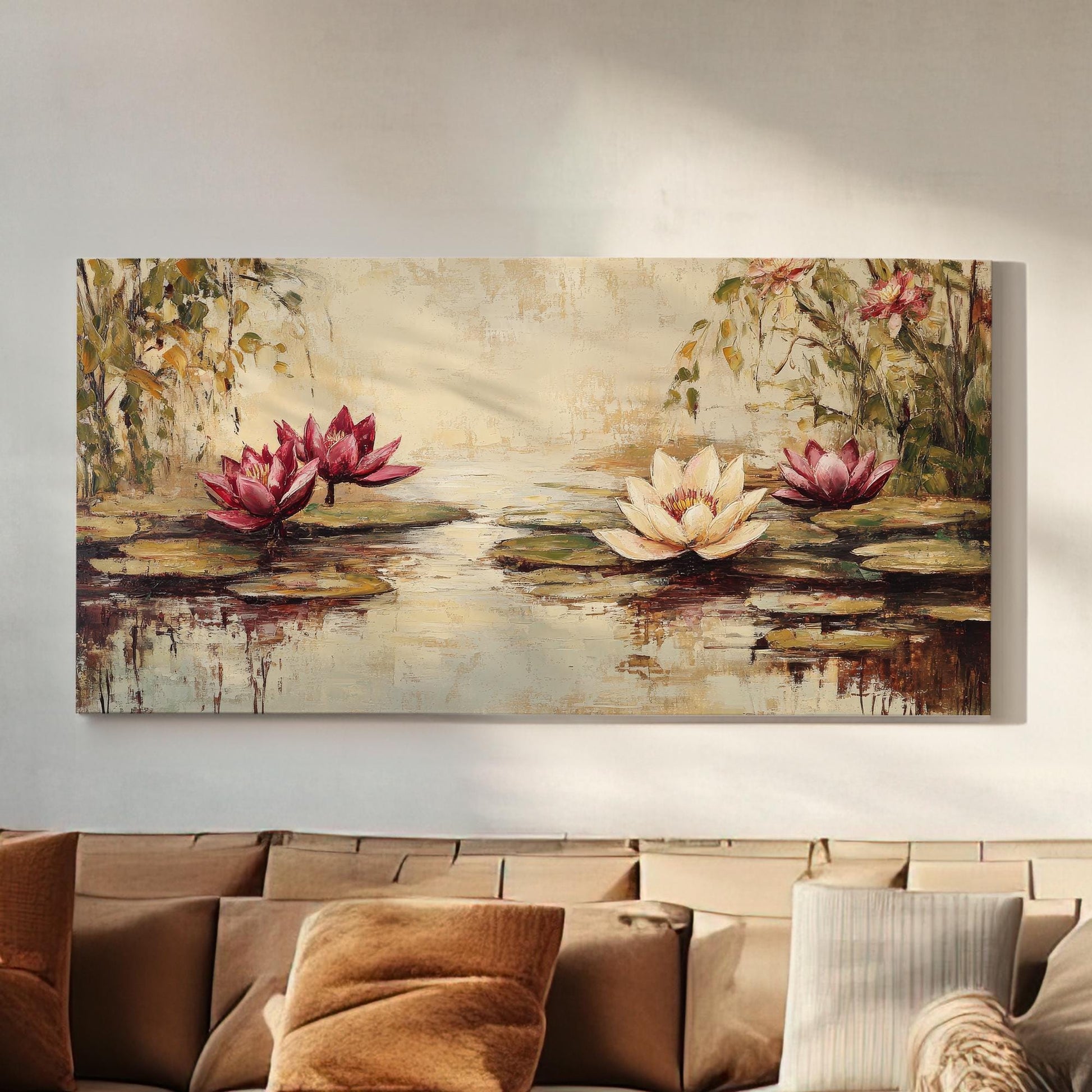 Serene Water Lilies Canvas Art | Impasto Oil Print | Tranquil Zen Wall Art For Living Room | Blush Pink Cream Art Horizontal Art