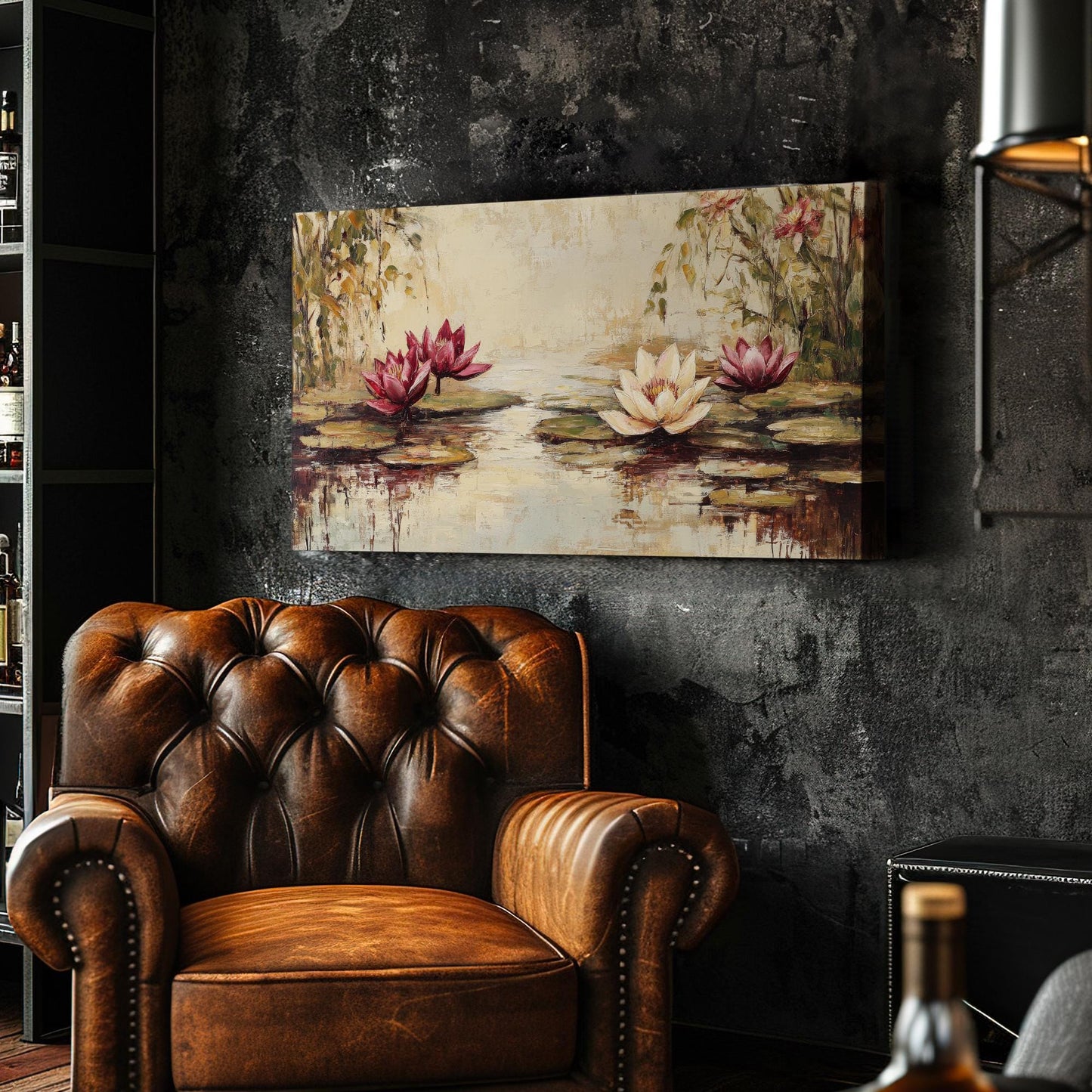 Serene Water Lilies Canvas Art | Impasto Oil Print | Tranquil Zen Wall Art For Living Room | Blush Pink Cream Art Horizontal Art