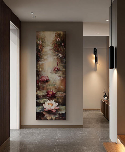 Serene Water Lilies Canvas Art | Impasto Impressionism Print | Tranquil Zen Wall Art For Living Room Long Vertical Art