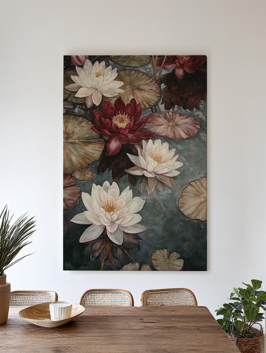 Serene Water Lilies Canvas Art | Impasto Botanical Print | Tranquil Zen Wall Art For Living Room | Taupe And Burgundy Art Vertical Canvas