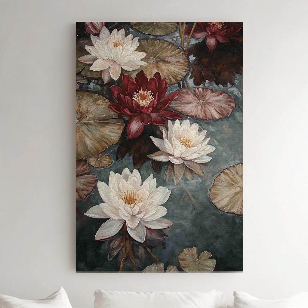 Serene Water Lilies Canvas Art | Impasto Botanical Print | Tranquil Zen Wall Art For Living Room | Taupe And Burgundy Art Vertical Canvas