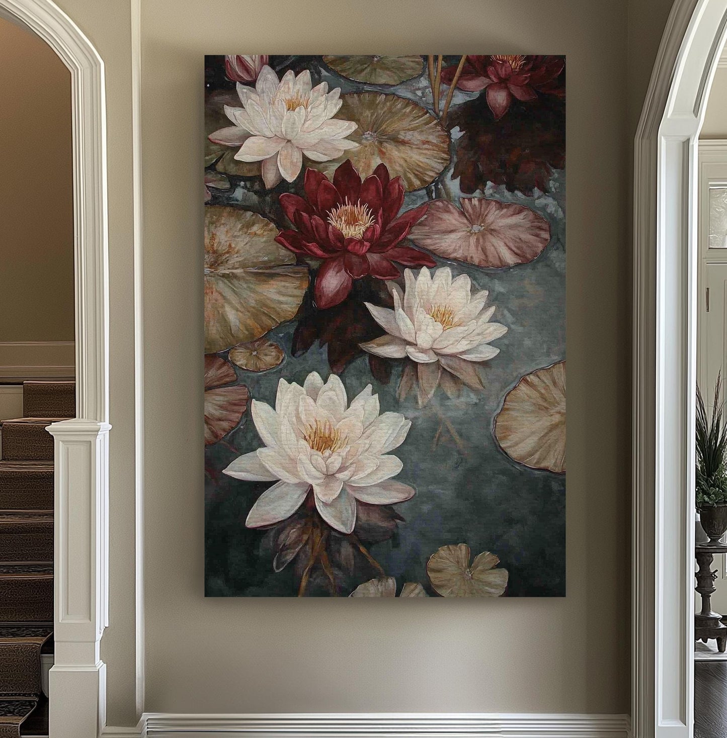 Serene Water Lilies Canvas Art | Impasto Botanical Print | Tranquil Zen Wall Art For Living Room | Taupe And Burgundy Art Vertical Canvas