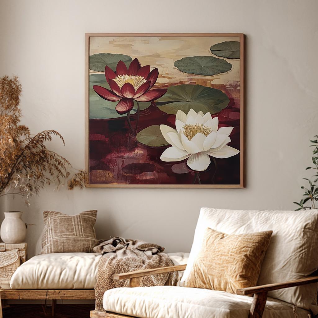 Serene Water Lilies Canvas Art | Botanical Illustration Print | Biophilic Wall Art For Living Room | Merlot Cream Art Square Canvas Art
