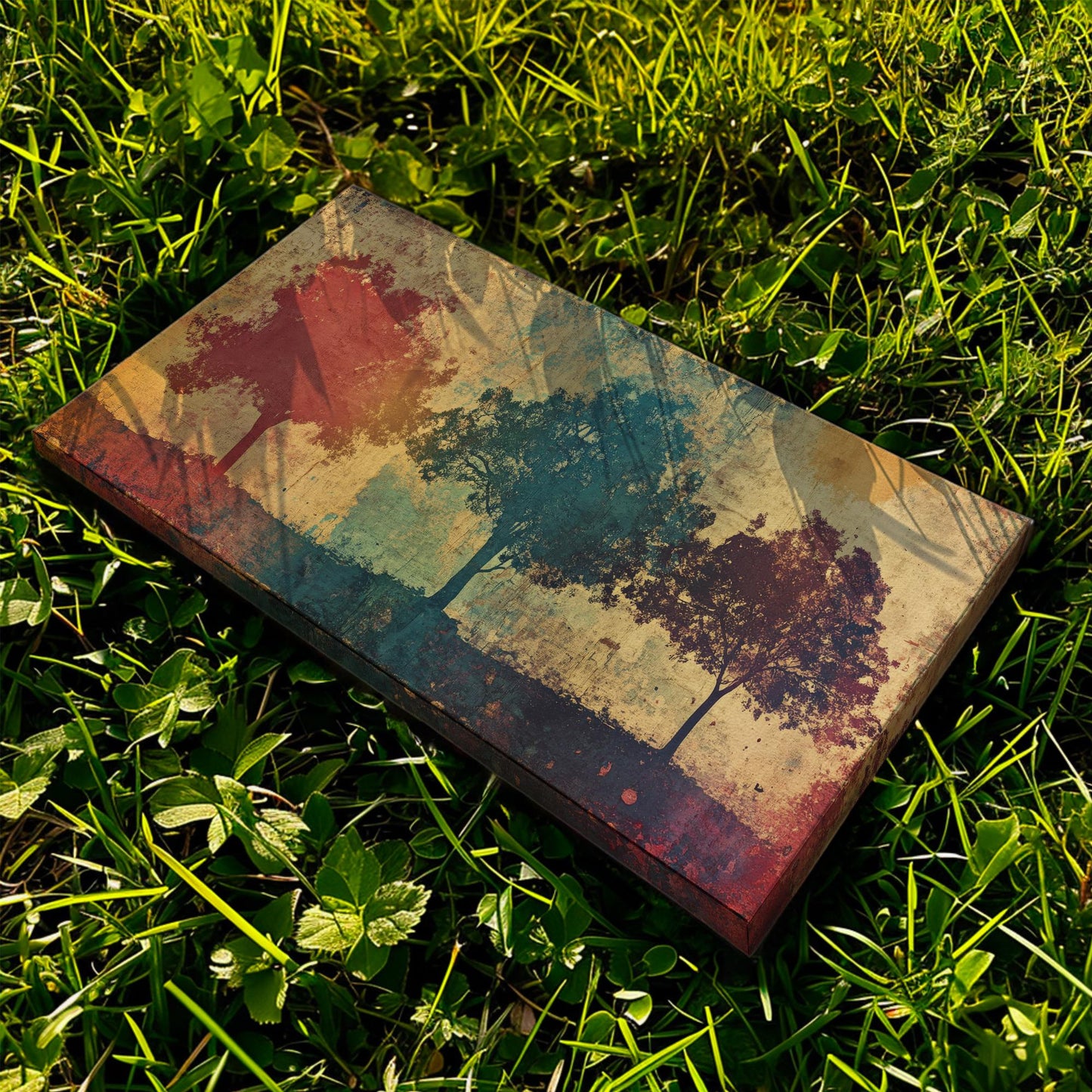 Serene Treetop Canvas Art | Layered Silhouette Print | Bohemian Wall Art For Living Room | Earthy Ochre Art Horizontal Art