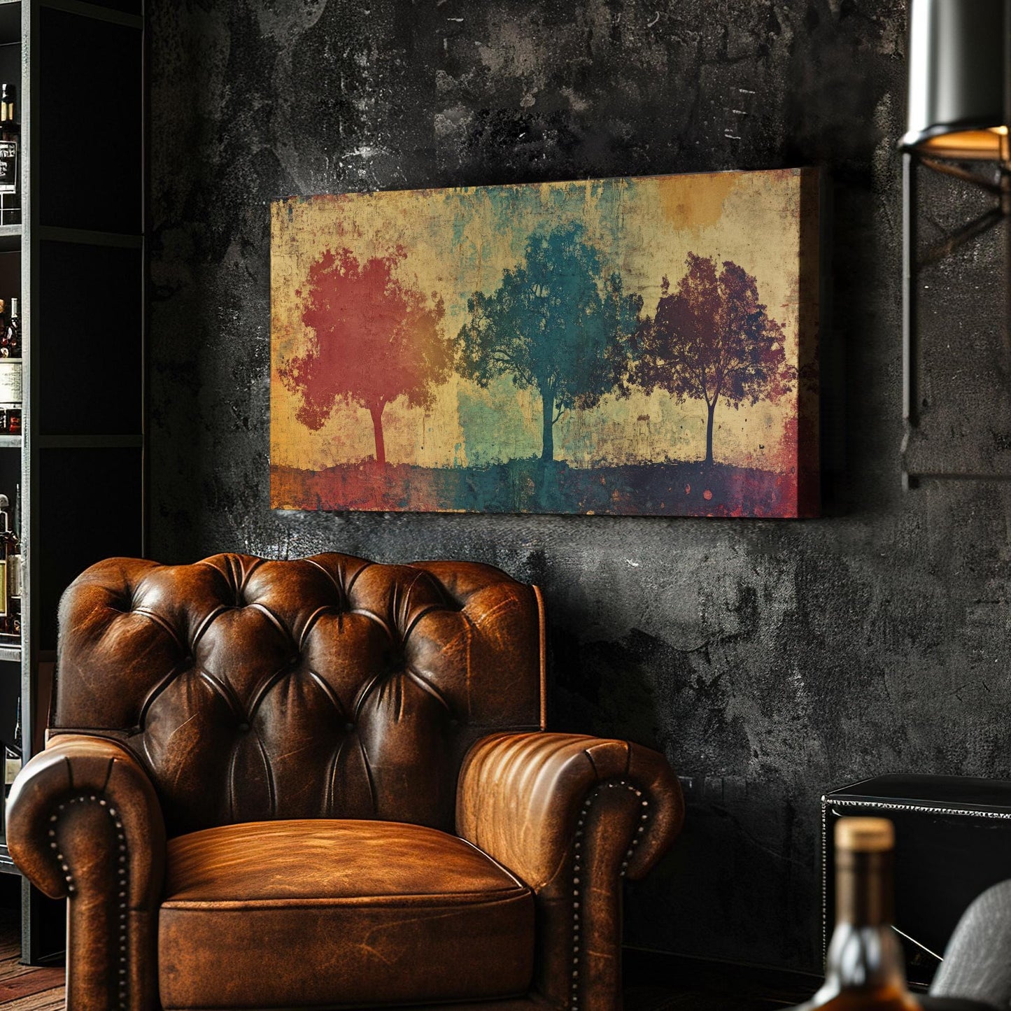 Serene Treetop Canvas Art | Layered Silhouette Print | Bohemian Wall Art For Living Room | Earthy Ochre Art Horizontal Art