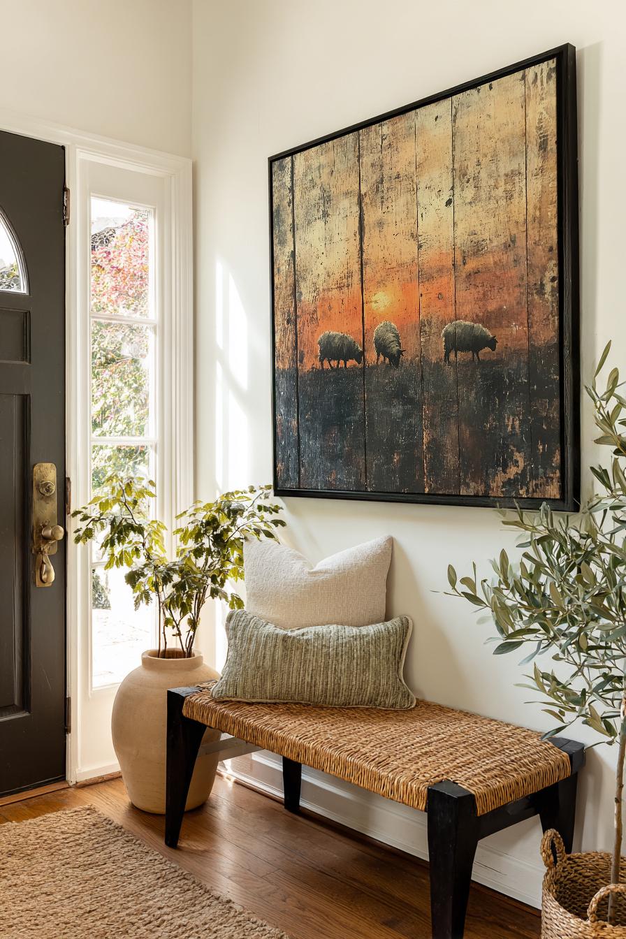 Serene Sunset Sheep Canvas Art | Reclaimed Woodblock Print | Bohemian Farmhouse Wall Art For Living Room Square Canvas Art