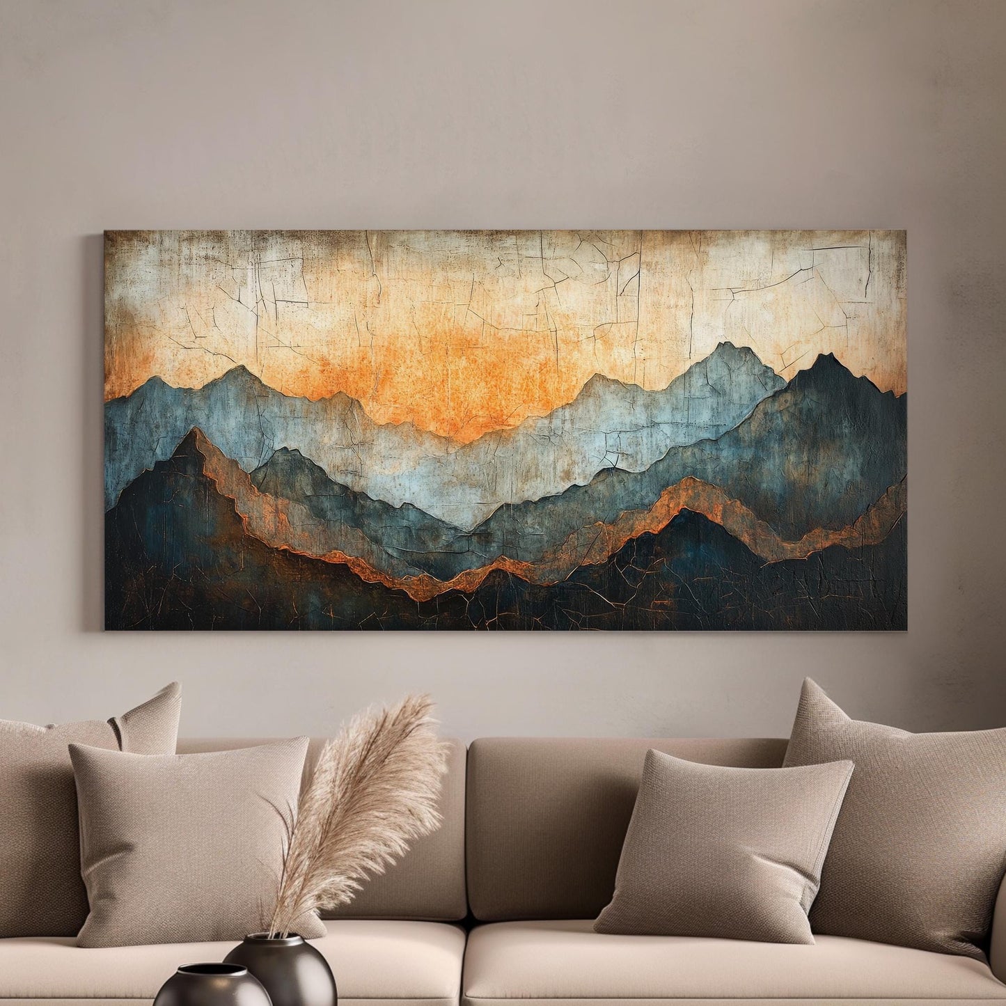 Serene Sunset Mountain Range Canvas Art | Impasto Textured Print | Japandi Wall Art For Living Room | Warm Ember Art Horizontal Art
